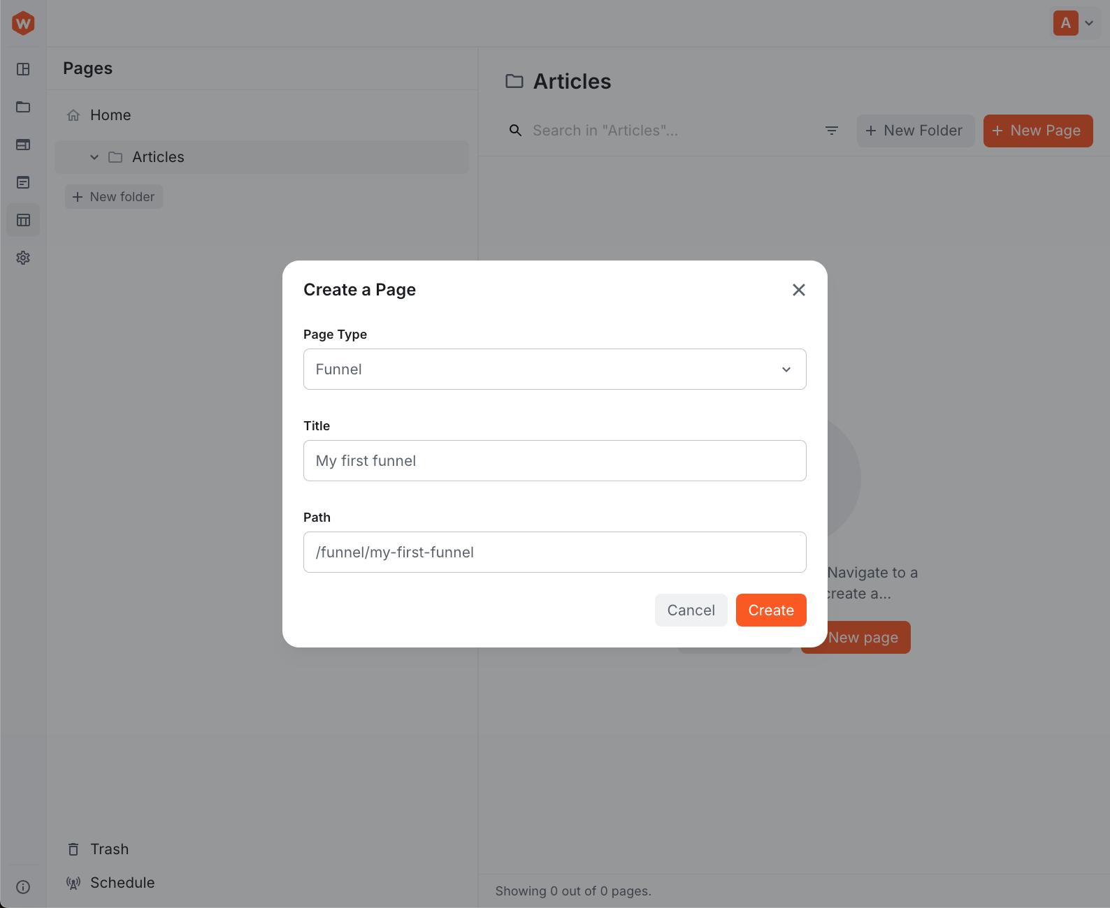 Create a Page dialog with page type options